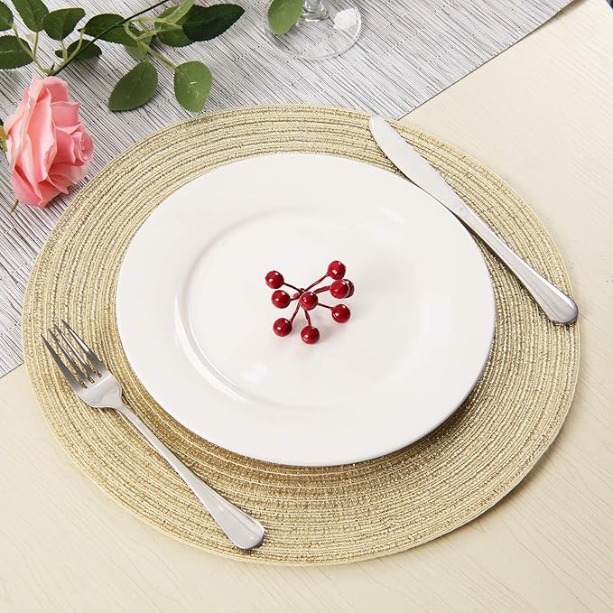 SHACOS Golden Glitter Round Braided Placemats Set of 6 Bling Circle Place Mats Washable Table Mats for Holiday Party Wedding Shower (6, Gold)