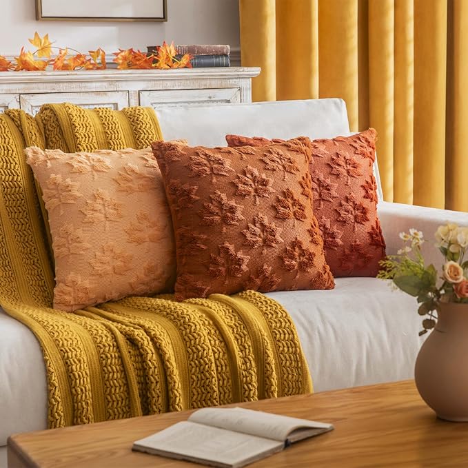 Maple Leaf Fall Throw Pillow Covers 18"x18" Set of 2, Orange Farmhouse Decorative Pillow Covers for Autumn Harvest Holiday Accent Pillow Cases, Faux Fur Pillow Covers for Couch Bed Room