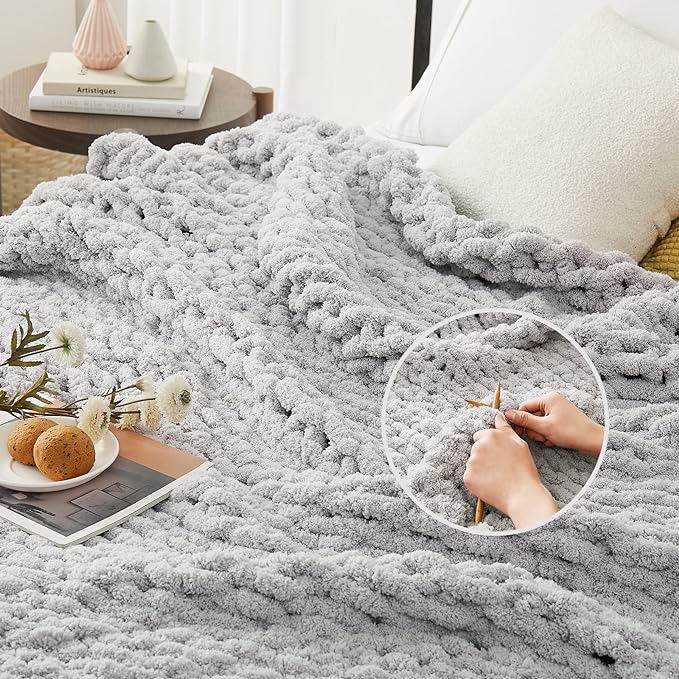 L'AGRATY Chunky Knit Blanket Throw - Soft Chenille Yarn Throw Blanket 40x50: Handmade Thick Cable Knit Crochet Blanke - Large Knit Blanket Chunky Rope Knot Throw Blanket for Couch Sofa Bed Home Decor