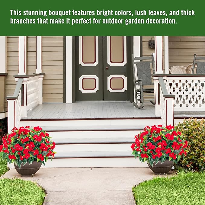 Uqueeten15.7” Spring Decorations for Home Flowers Fake Plants Fake Flowers Artificial Impatiens Bouquet Flowers for Outdoors Silk Faux Flowers Impatiens Plants Decor Indoor Planters 8PCS Red