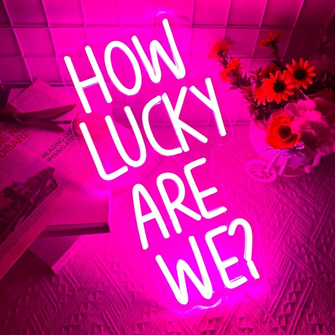 How Lucky Are We Neon Sign, Dimmable LED Pink Anniversary Quote Neon Sign, Motivational Wall Decor, Inspirational Quote Sign Neon Light Sign for Wedding Bedroom Living Room Girls Romantic Gift(8.2*15.3in)