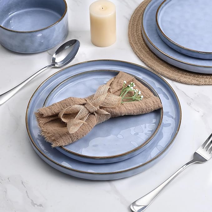 LIANYU 18 Pcs Dinnerware Sets for 6, Plates and Bowls Dinner Set, Stoneware Dish Tableware for Dessert Salad Pasta, Microwave & Dishwasher Safe, Serenity Blue