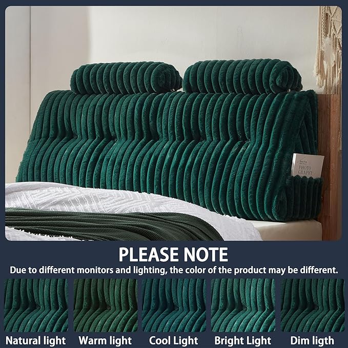 Faux Fur Headboard Pillow with 2 Pack Neck Roll Pillow Large Headboard Pillow Soft and Supportive with Removable Cover (Green, Twin)