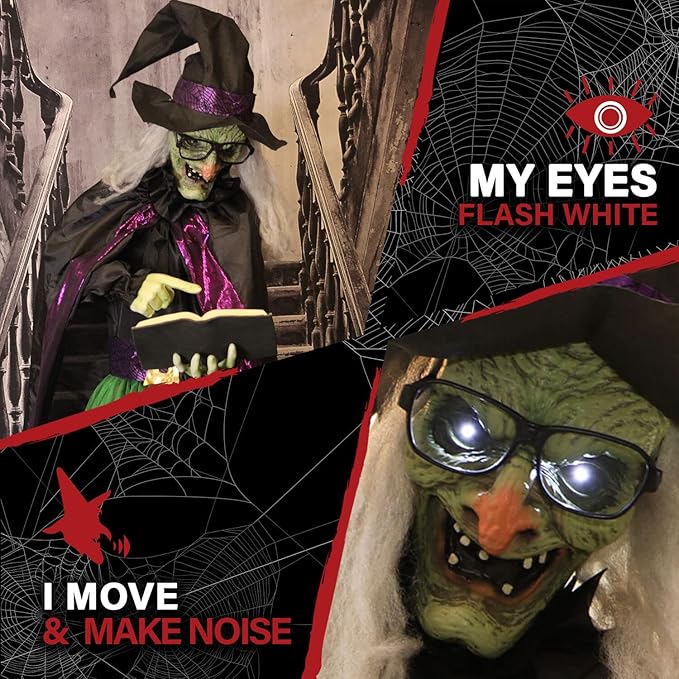 Haunted Hill Farm Life-Size Scary Talking Witch Holding Spell Book, Halloween Animatronic with Touch Activated Lights and Sound, Battery Operated Indoor or Covered Outdoor Halloween Decorations