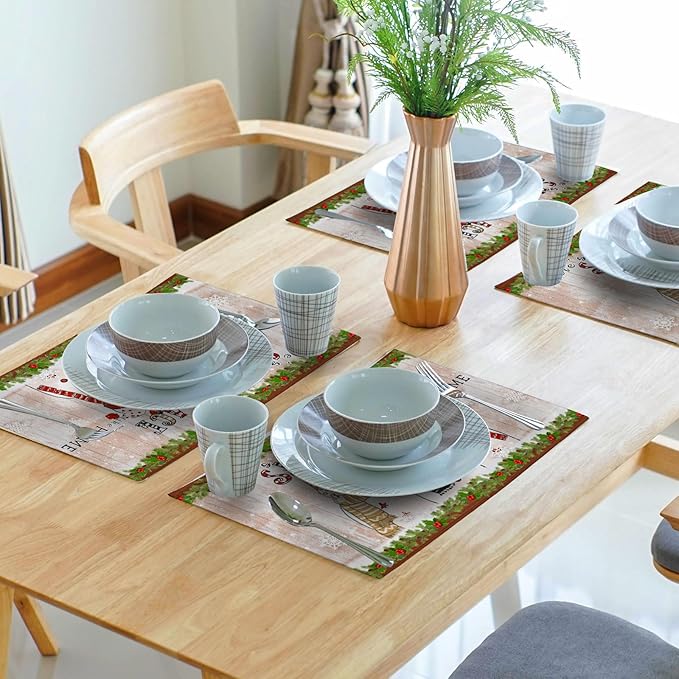 Winter Snowman Placemats Set of 4, Snowflake Pine Cone Place Table Mats Farmhouse Heat Resistant Place Mats 12x18 Inch for Christmas Holiday Decorative Party Dining Table