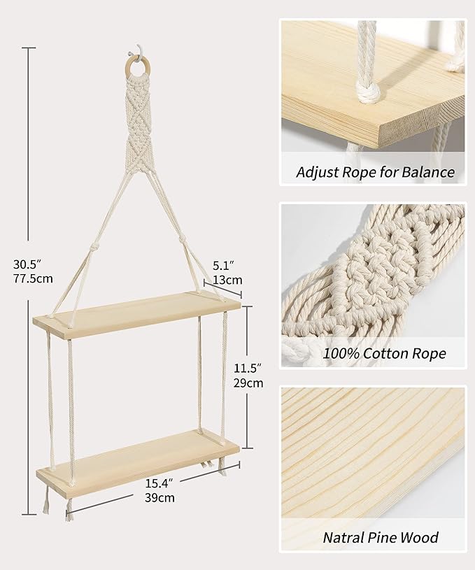 Afuly Macrame Wall Hanging Shelf Boho Floating Shelves Cotton Rope Rustic Home Decor 2 Tiers Plant Hanger Photo Display Tissue Towel Storage Organizer for Living Room Bedroom Bathroom Hallway, Beige