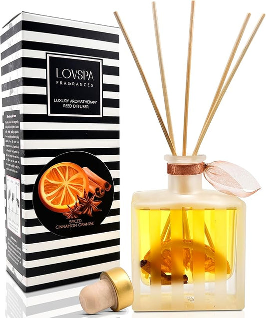 LOVSPA Spiced Cinnamon & Orange Reed Diffuser Set - Scented Stick Room Freshener with Orange, Cinnamon, Spices & Cedarwood - Autumn & Winter Scent in a Modern Striped Glass Bottle - Made in The USA