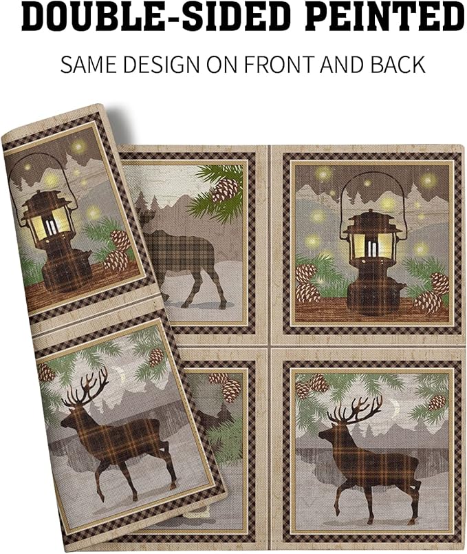Giwawa Vintage Bear Deer Placemats Rustic Wildlife Moose Forest Animal Cabin Lodge Lake Pine Cone Heat-Resistant Linen Table Place Mats Set of 4 for Dining Kitchen Country Camp Style Farmhouse Decor