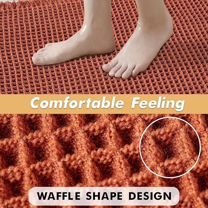 MIULEE Fall Orange Set of 2 Waffle Bathroom Rugs, Boho Bath Rugs Non Slip Washable, Super Absorbent Bath Mats, Ultra Soft Rubber Backed Shower Mats for Bathroom Floor, Tub and Shower, 18x30 Inch