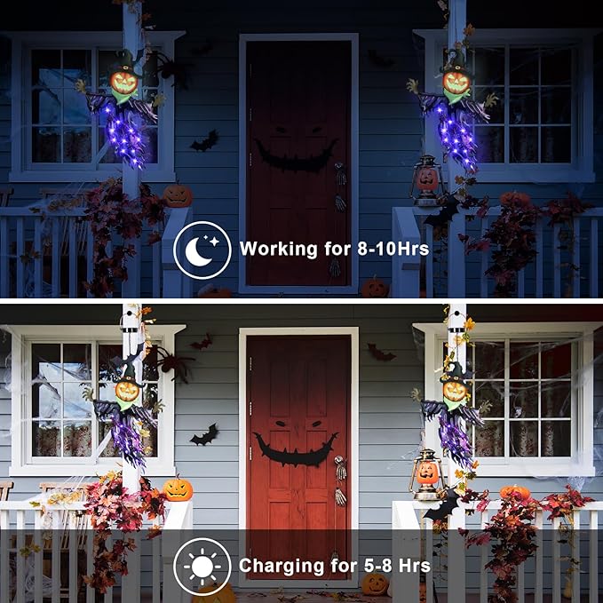 ILLUMINEW Solar Halloween Metal Hanging Decorations Outdoor, Solar Powered Lighted Metal Pumpkin with Glowing Eyes for Halloween Outdoor Tree, Wall, Porch, Patio Decor (Pumpkin)