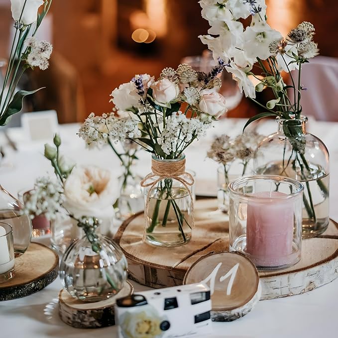 Glass Flower Vases for Centerpieces, 12Pcs Vintage Small Clear Bud Vase for Flowers Mini Crystal Decorative Bottle with Hemp Rope Bows for Housewarming Wedding Birthday Tabletop Decoration
