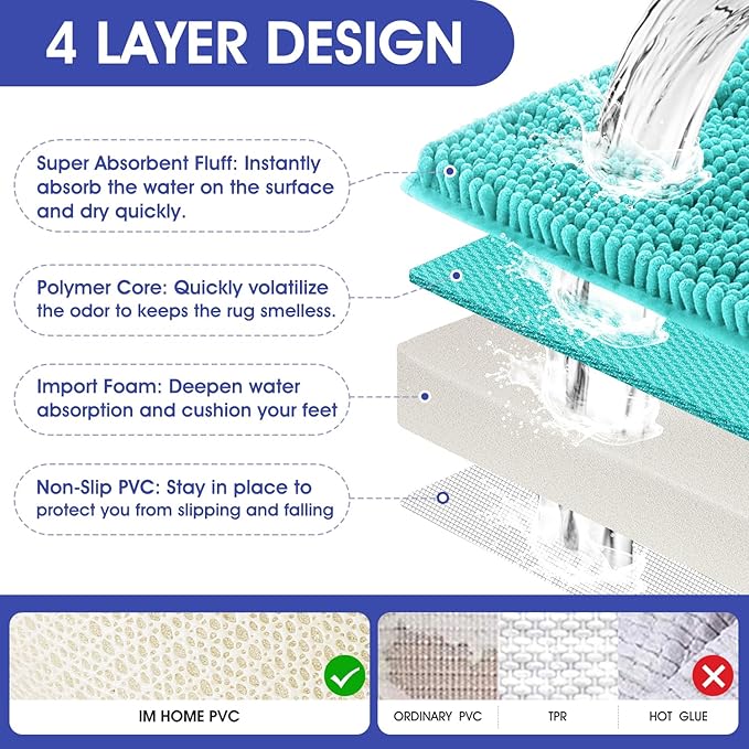 ACCUMTEK Striped Teal Green Bathroom Rug Set 3 Pieces Ultra Soft, Non Slip Chenille Toilet Mat, Absorbent Plush Shaggy Bath Mats for Bathroom, Bedroom, Kitchen, Turquoise