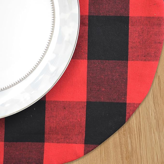 Red & Black Cotton Buffalo Check Round Placemat, Set of 4, 15 Inch eco-Friendly Fabric Handcrafted Machine Washable Indoor & Outdoor Tablemat