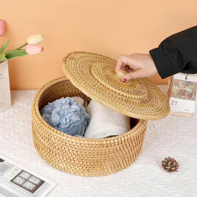 Hipiwe Round Rattan Boxes with Lid Woven Wicker Storage Basket Bin Decorative Shelf Baskets Multi-Purpose Household Organizer Lidded Basket for Storage Rattan Box, 11.9 x6 inch