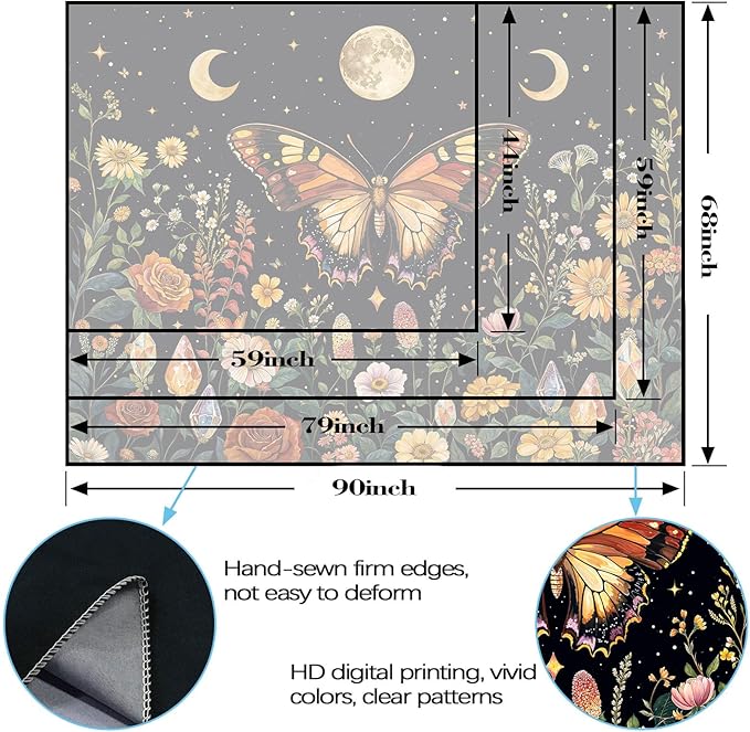 Lunerfex Boho Butterfly Tapestry Flower Moon Wall Tapestry, Moon Phases Tapestries for Bedroom Cute Tapestries Wall Hanging for Bedroom Living Room Wall Decor Butterfly-2 44"x60"