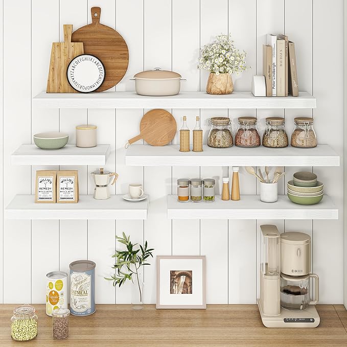 Fun Memories Floating Shelves - 2 Pack 9 Inch Deep Rustic Wooden Wall Shelves - Wall Mounted Storage Shelf with Invisible Brackets, 24" W x 9" D x 1.6" H - White