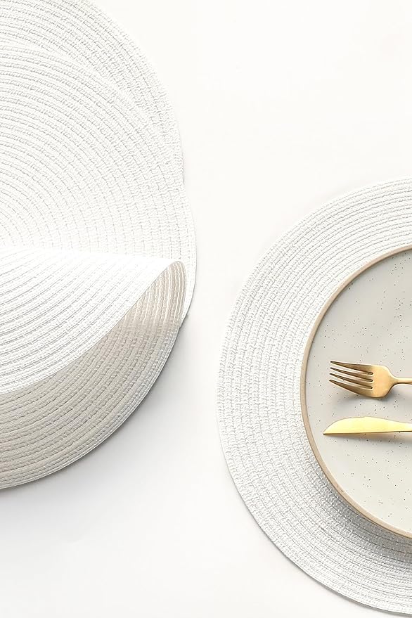 Floroom 15 Inch Round Braided Placemats Set of 6, Washable Heat Resistant Cotton Polyester Circle Place Mats for Kitchen Dining Table - White