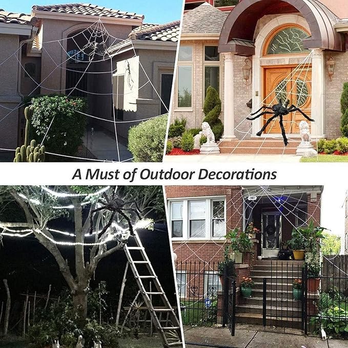 Halloween Decoration Outdoor Spider Web Decor 16ft with Giant Spider and Stretchy Dense Spider Silk Rope and 2 Small Spiders Triangular Huge Spider Web for Yard Outside Indoor