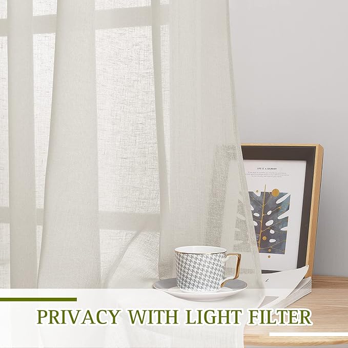 NICETOWN Linen Sheer Curtains 90 inch Length for Living Room, Privacy Semi Sheer Curtains Linen Weave Privacy Drapes with Light Filtering for Bedroom/Hall, Natural, W52 x L90, 1 Pair