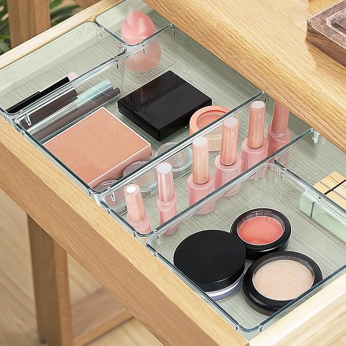 10 PCS Drawer Organizer Set, 4 Varied Size Bathroom and kitchen Drawer cabinet organizer Trays, Clear Storage Bins for Makeup, Jewelry, Utensils and Gadgets