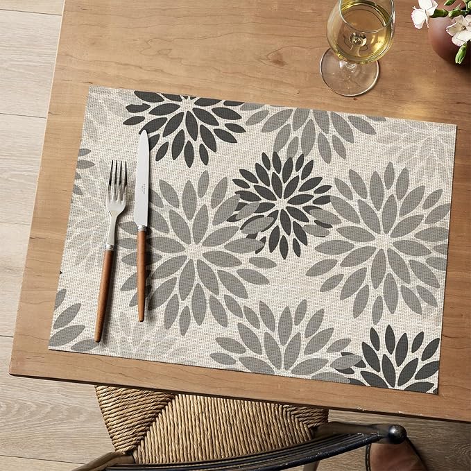 Artoid Mode Floral Vinyl Placemats Set of 4, 12x18 Inch Wipeable Non-Slip PVC Place Mats for Party Kitchen Dining Decor, Grey