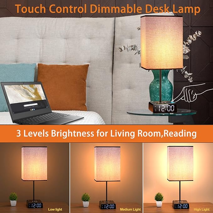 Table Lamps for Bedroom Set of 2 - Touch Bedside Lamp with Wireless Charger & 2 USB Charging Ports & 2 AC Outlets, Alarm Clock Base,Dimmable Nightstand Lamps with Square Fabric Shade for Living Room