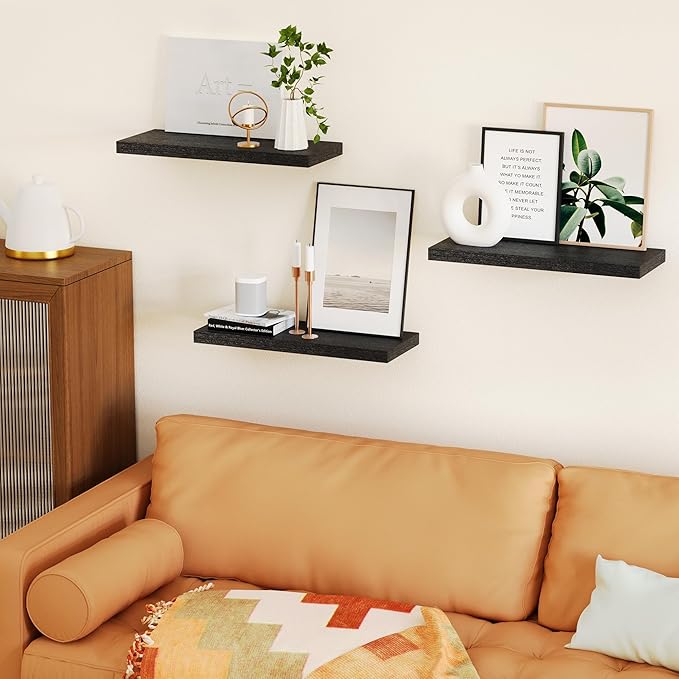 3 Packs Floating Shelves for Wall Storage Minimalist Modern Scandinavian Hogar Living Room Office Plant Decorative Projector Trinket Trophy Gaming Tv Projector Book Home Decor Bookshelf Shelf Black