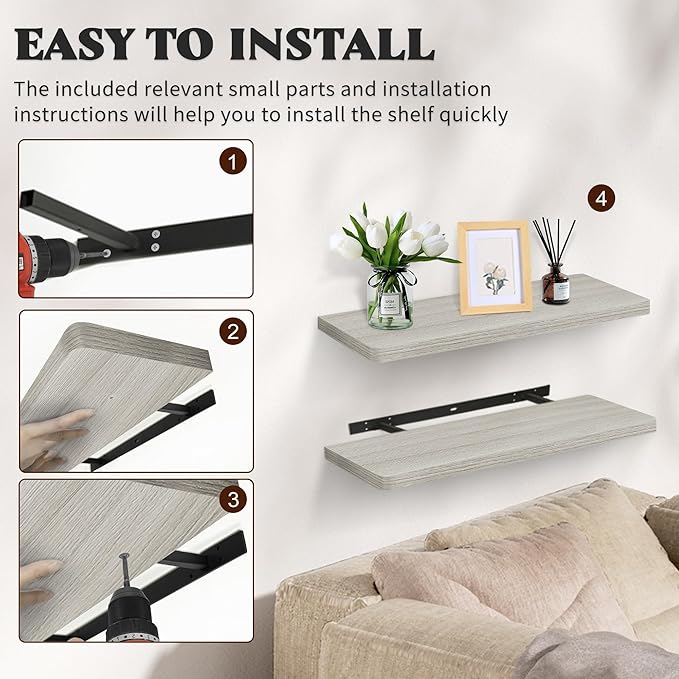 Floating Shelves for Wall, Wood Shelves with Invisible Brackets for Bathroom, Living Room, Bedroom and Kitchen, Long Wall Shelf for Books/Storage/Room Decor, 24 Inch, Set of 2, Grey