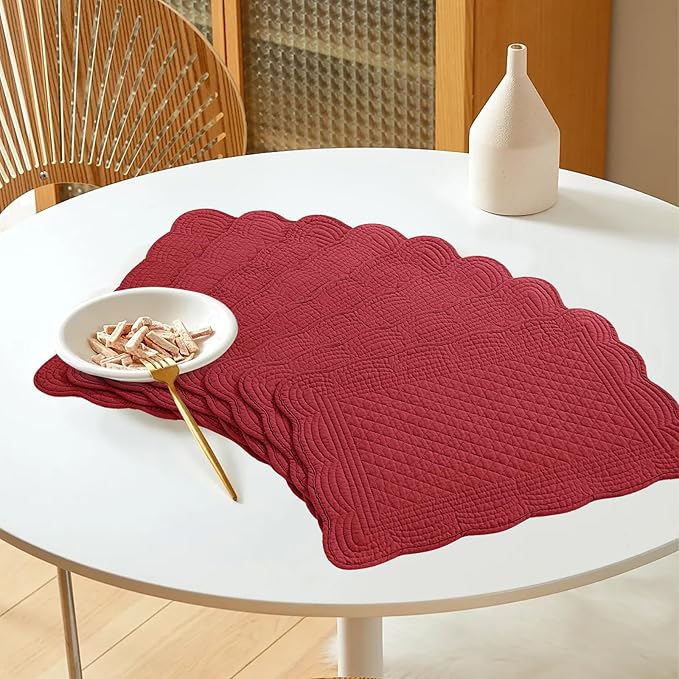 HOMBYS Quilted Placemats Set of 6 Washable-13x18 inches Rectangular Placemats for Kitchen Table-100% Cotton fabric cover and 100% polyester fiber filling Rectangular Table Mats-Cotton (18"x13", Red)