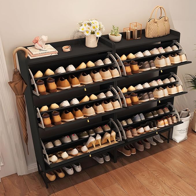 AVZEAR Shoe Cabinet, Shoe Cabinet Freestanding Tipping Bucket Shoe Rack Organizer with 3 Flip Drawers, Modern Entryway Narrow Shoe Rack for Entryway, Hallway, Bedroom (Black)