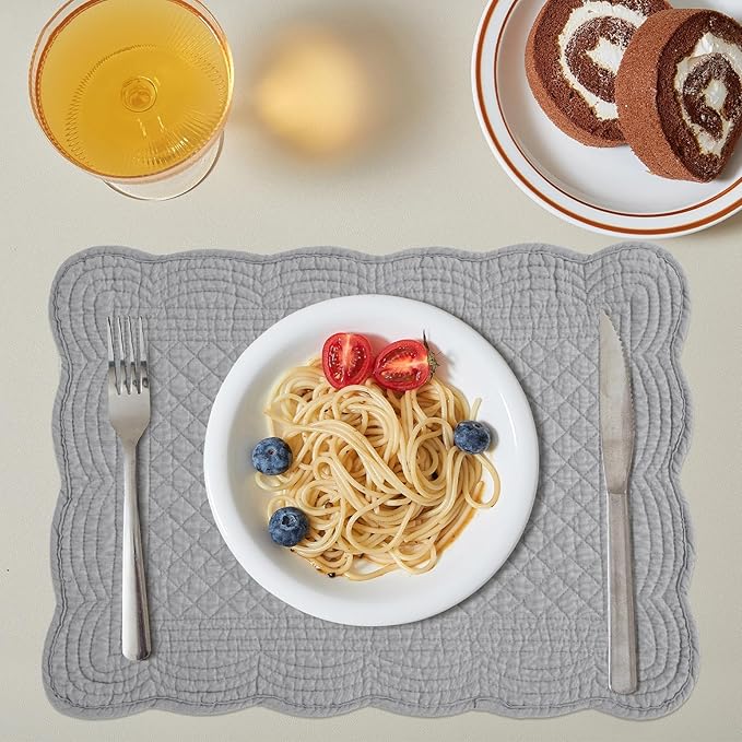 HOMBYS Quilted Placemats Set of 6 Washable-13x18 inches Rectangular Placemats for Kitchen Table-100% Cotton Fabric Rectangular Table Mats, (Dark Grey)