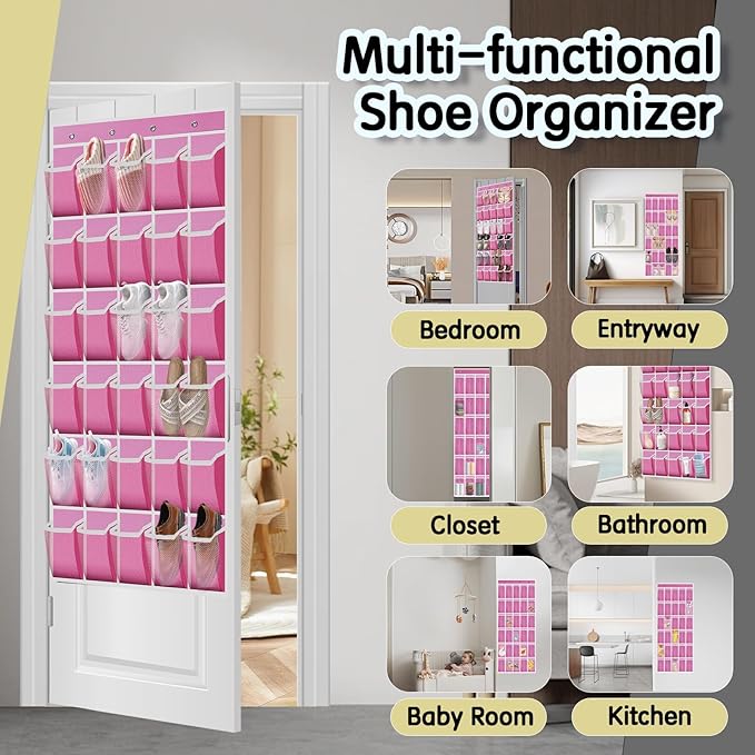 Over the Door Shoe Organizer with 30 Breathable Mesh Pockets - Large Capacity Closet Storage for Men & Women, Hanging Shoe Rack Organizer (Pink)