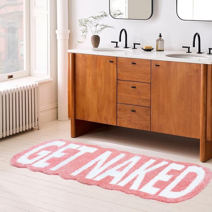 Get Naked Bath Mat Long Bathroom Rug - Super Soft Funny Bath Mat Non Slip Pink Bathroom Decor, Water Absorbent Runner Rugs for Sink Bathtub and Shower Pink 24" x 59"