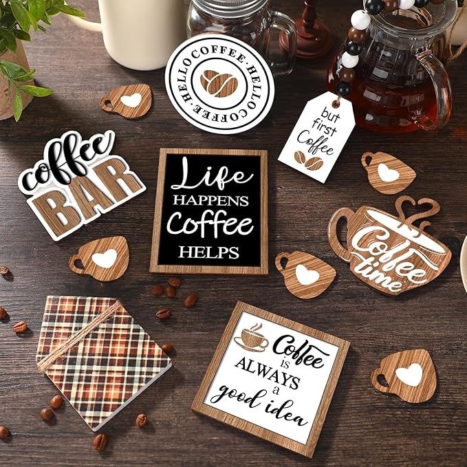 Set of 11 Farmhouse Tiered Tray Decor Rustic Home Tiered Tray Decorations Set Coffee Time Home Wooden Signs Coffee Bar Farmhouse Tabletop Wood Signs for Kitchen Table Shelf Decor