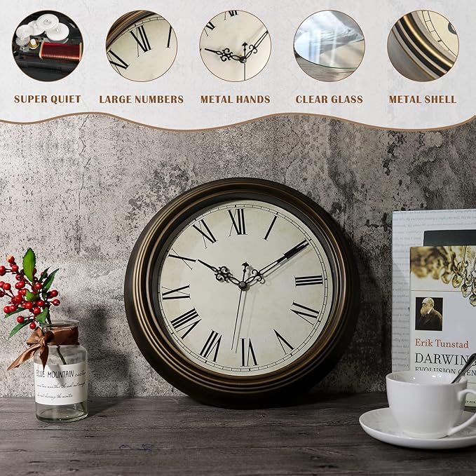 Plumeet Large Metal Wall Clock, 13'' Non Ticking Classic Retro Silent Iron Clocks Decorative Kitchen Living Room Bedroom, Roman Numerals, Battery Operated(Brown)