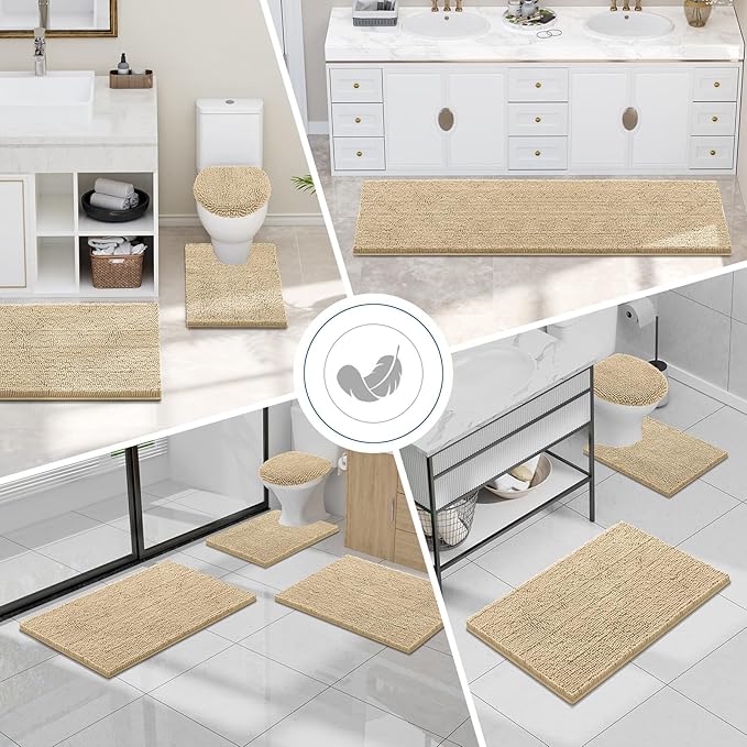 Smiry Luxury Chenille Bathroom Rugs 70x24, Extra Soft and Absorbent Shaggy Bath Mat, Machine Washable, Non-Slip Plush Carpet Runner for Tub, Shower, and Floor, Home Decor Accessories, Beige