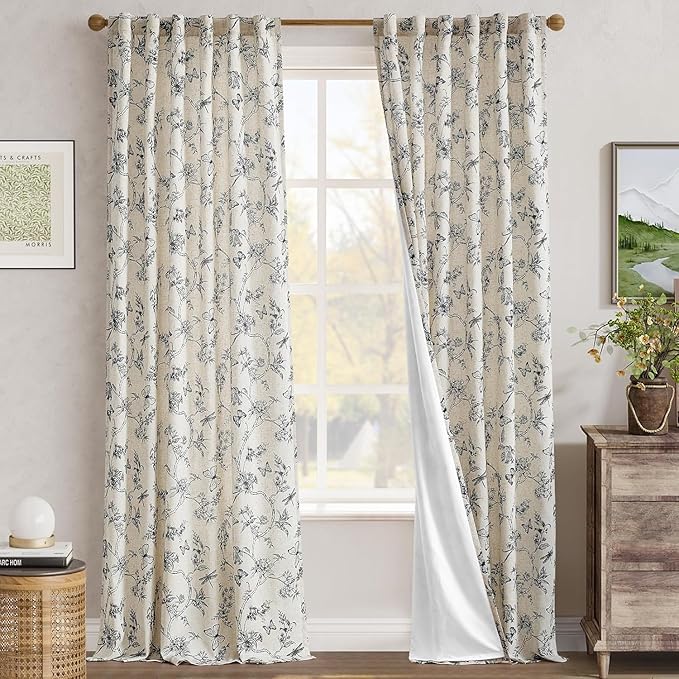 jinchan Floral Curtains Lined Linen Blend Curtain for Living Room 96 Inch Length Black Farmhouse Flower Patterned Curtain French Country Curtains Drapes Back Tab Rod Pocket 2 Panels