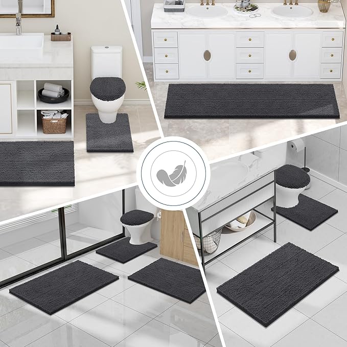 Smiry Luxury Chenille Toilet Rugs U-Shaped 24x24, Soft Absorbent Non-Slip Contour Bathroom Rugs for Toilet, Machine Washable Contoured Bath Mats, Charcoal Grey