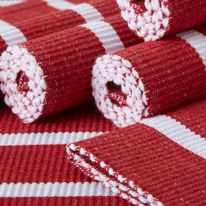 Encasa XO Dining Placemat Set of 6 | Roma Red Stripes Color | Fine Ribbed Cotton Table mat | Size 19x13 in | Machine Washable