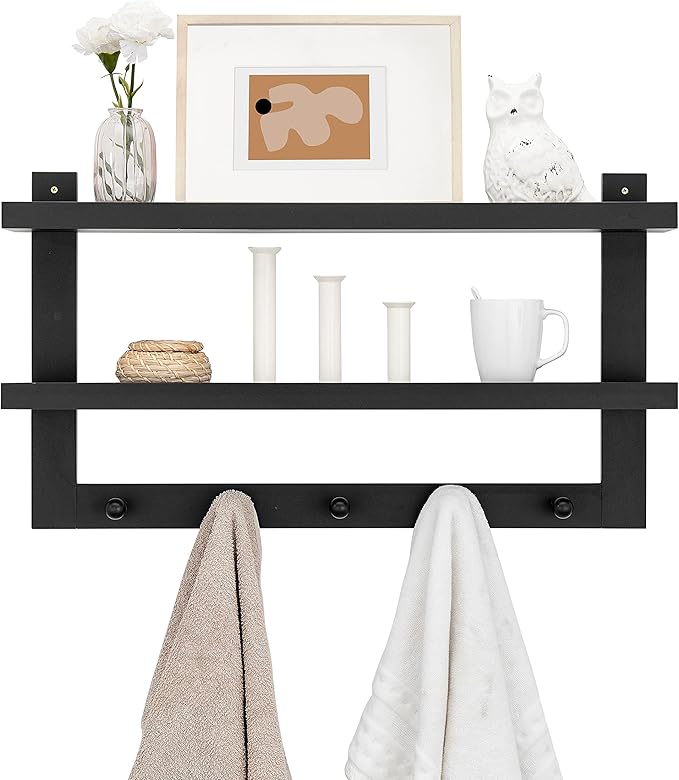 Danya B 2-Tier Ledge Wall Shelf Organizer with Five Hanging Coat or Towel Hooks - Perfect for Entryway or Bathroom (Black)