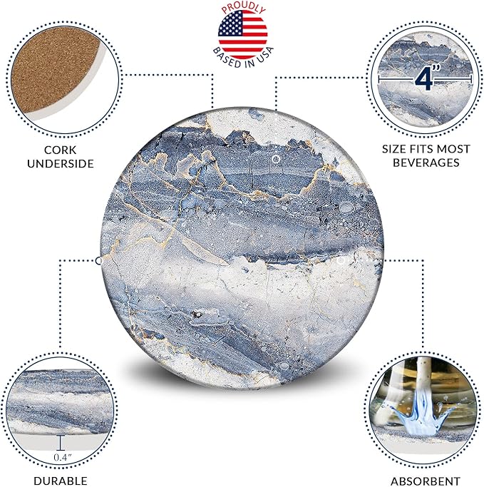 Emerson Essentials Coasters for Drinks Absorbent with Holder, Set of 6, Cork Bottom Ceramic Stone Marble Style for Wooden Coffee Bar Tables, Glass Tabletop Non Slip, Natural Stone