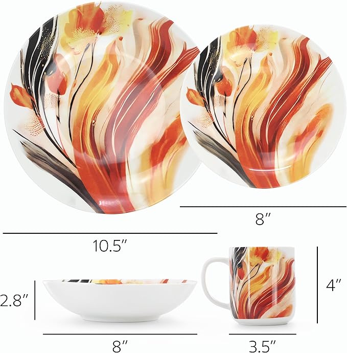 Elama Tulip Fields 16 Piece Abstract Floral Round Porcelain Dinnerware Set, Tableware Set, Serveware Set (Tulip Fields)