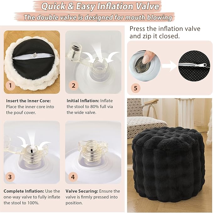 LIFEREVO Luxury Faux Rabbit Fur Round Inflatable Pouf Ottoman, 20 X 16 Fluffy Waffle Bubble Floor Poufs Foot Stool Rest Living Room Bedroom, Furry Pouf Ottoman Chair Seat Home Decor, Anti-Slip, Black