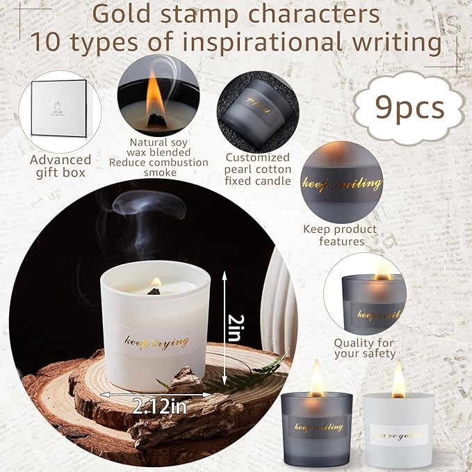 MTLEE 9 Pcs Motivational Aromatherapy Gifts Inspirational Soy Wax Scented Candles Bulk with Wooden Wicks Luxury Gift Box for Women Men Teacher Birthday Engagement Gift, 2.12 oz