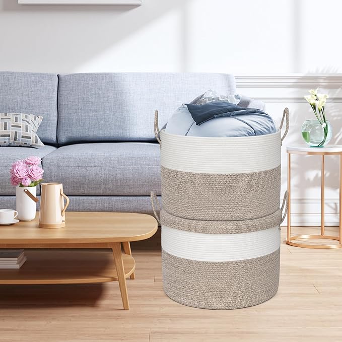 Laundry Basket with Lid, Woven Cotton Rope Laundry Hamper Foldable Storage Organizer Bin Blanket Basket for Comforter, Cushions, Clothes, Pillows, 20.5x20.5x15 Inch, Brown/White