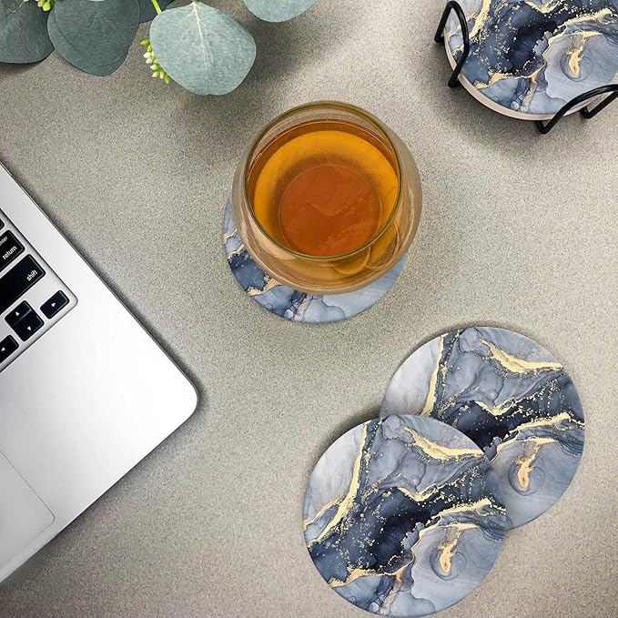 Emerson Coasters for Drinks Absorbent – Saucers Coffee Table Set of 6 with Holder, Wooden Tabletop Protection Marble Style 100% Ceramic - Non-Slip & Cork Bottom - Heavy Duty Drink Coasters (Riptide)