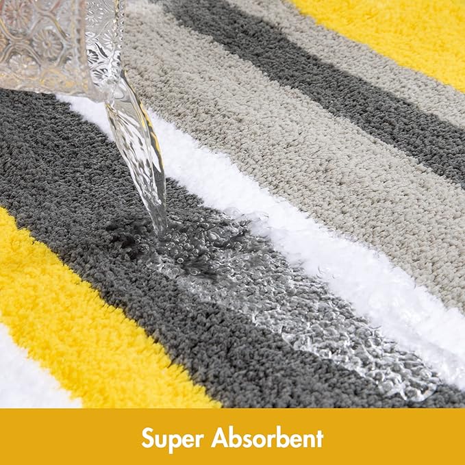 MIULEE Fluffy Bathroom Rugs Bath Mats Rugs Microfiber Striped Shower Rug Absorbent, Soft and Plush Machine Washable Non Slip Carpet Quick Dry for Bathroom Floor Tub, 20x30 Inch, Yellow-Grey