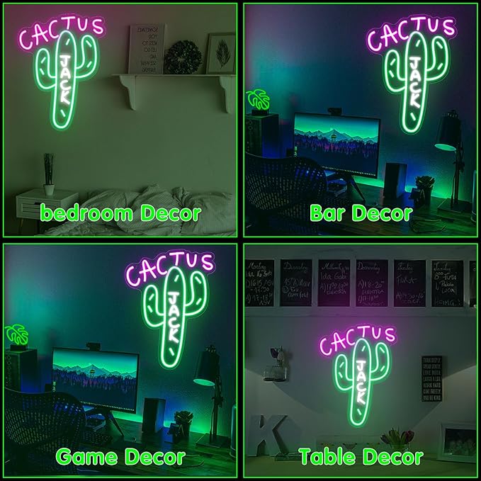Cactus Jack Neon Signs for Wall Decor Dimmable Pink Green Cactus LED Neon Light for Bedroom Christmas Decoration USB Powerd Plant Light Up Hanging Sign Home Party Birthday Gift 15.7"X11.8"