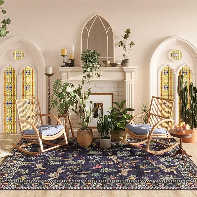 Living Room Rug 5x7 Rug Machine Washable Boho Area Rug Non Slip Floral Animal Vintage Low Pile Large Rugs for Living Room, Bedroom, Farmhouse, Dining Room, Kids Playroom (Blue)