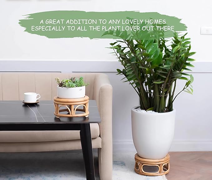 Set of 2 Large Rattan Wicker Round Risers Decorative Indoor Plant Stand, Mid Century Minimalist Modern Plant Stands, Boho Short Plant Stand Holder Suitable Fits 8'' and 12'' Pots